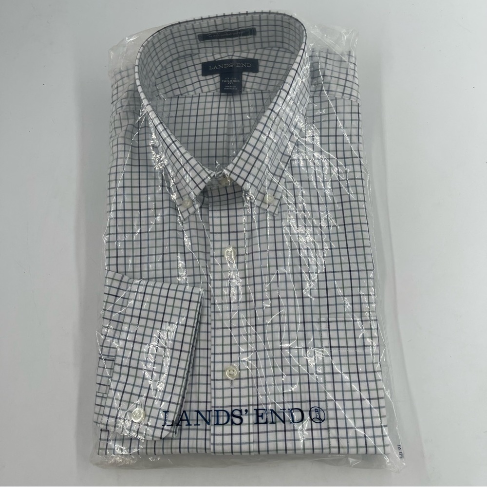 Lands End Pattern No Iron Supima Pinpoint Plaid Tailored Fit Work Shirt- 17-33